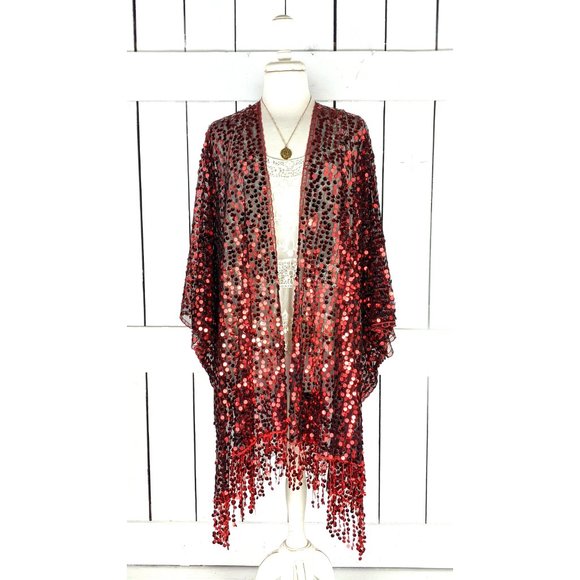 Red black sequin fringe tassel kimono cardigan cover up jacket - Picture 2 of 5
